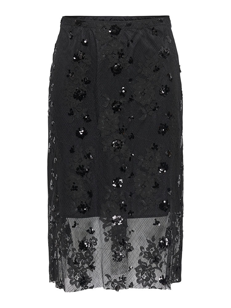 Onlsinna Mid Length Mesh Skirt with Sequins-Black