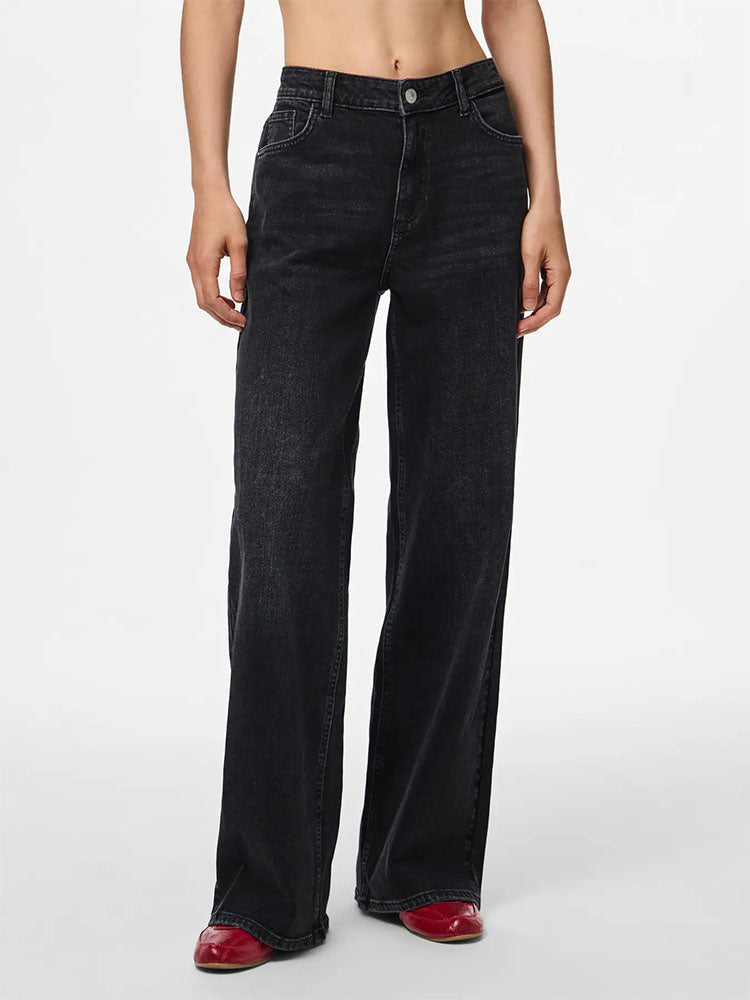Pcsilke Mid Waist Wide Jeans-Black
