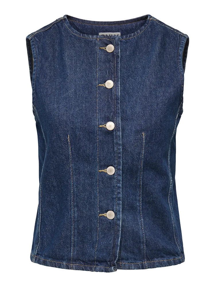Onlaya Fitted Denim Waistcoat-Dark Blue Denim
