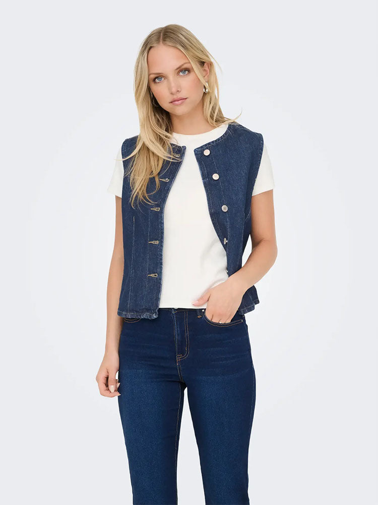 Onlaya Fitted Denim Waistcoat-Dark Blue Denim