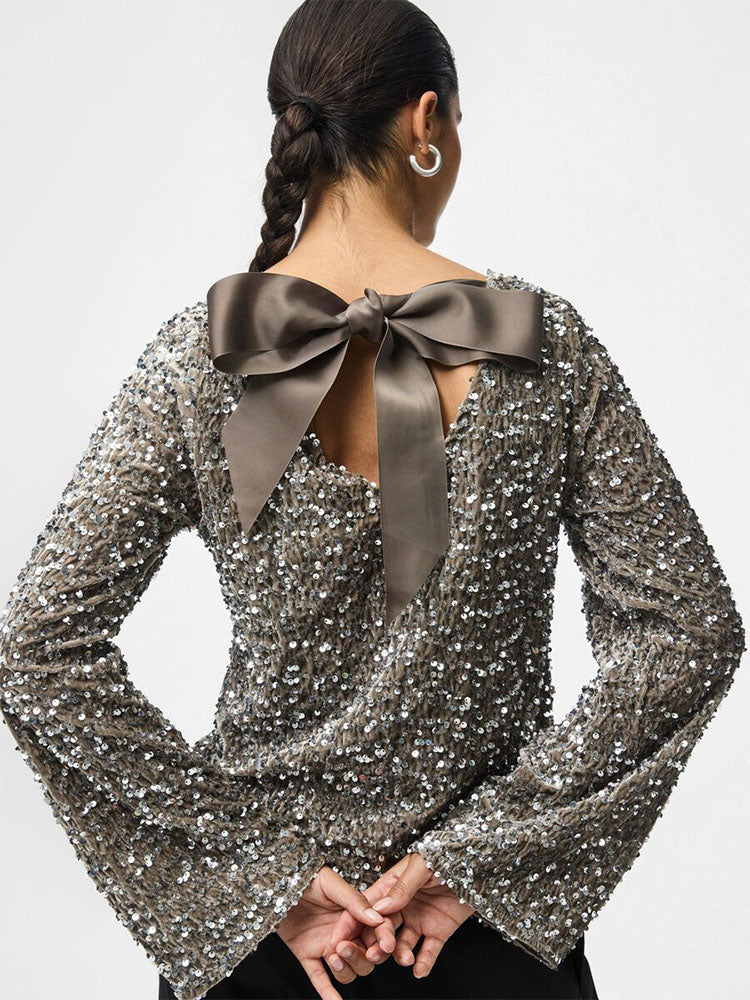 Pckam Deep Back Bow Deep Beige/Gold Sequins Top