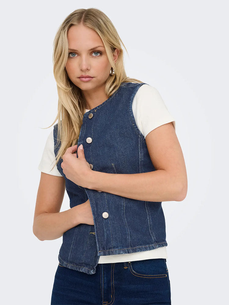 Onlaya Fitted Denim Waistcoat-Dark Blue Denim