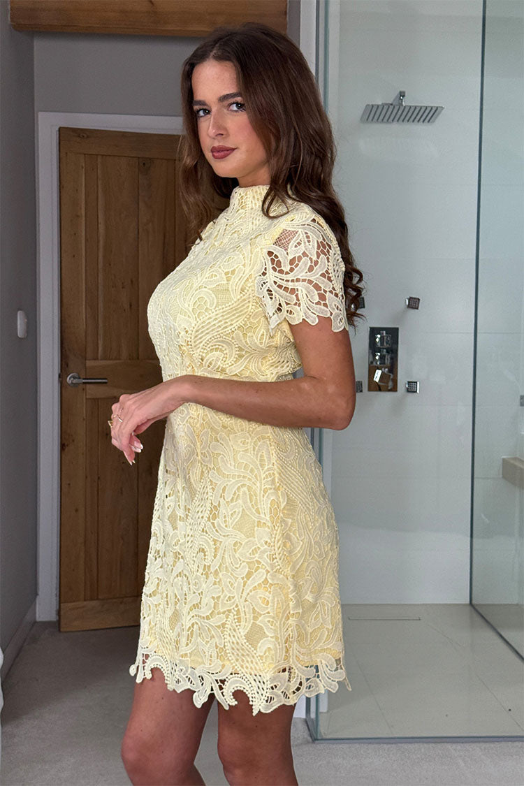Maryam Cap Sleeve High Neck Lace Mini Dress Yellow