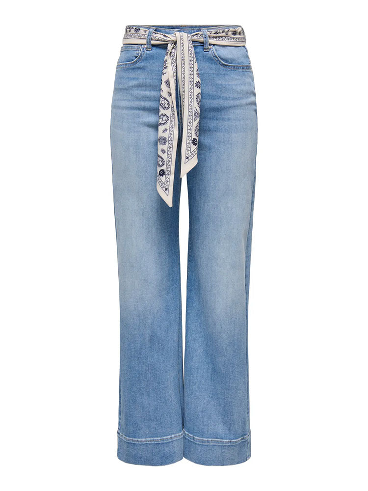 Onlmadison High Waist Wide Leg Jeans with Scarf Belt-Medium Blue Denim