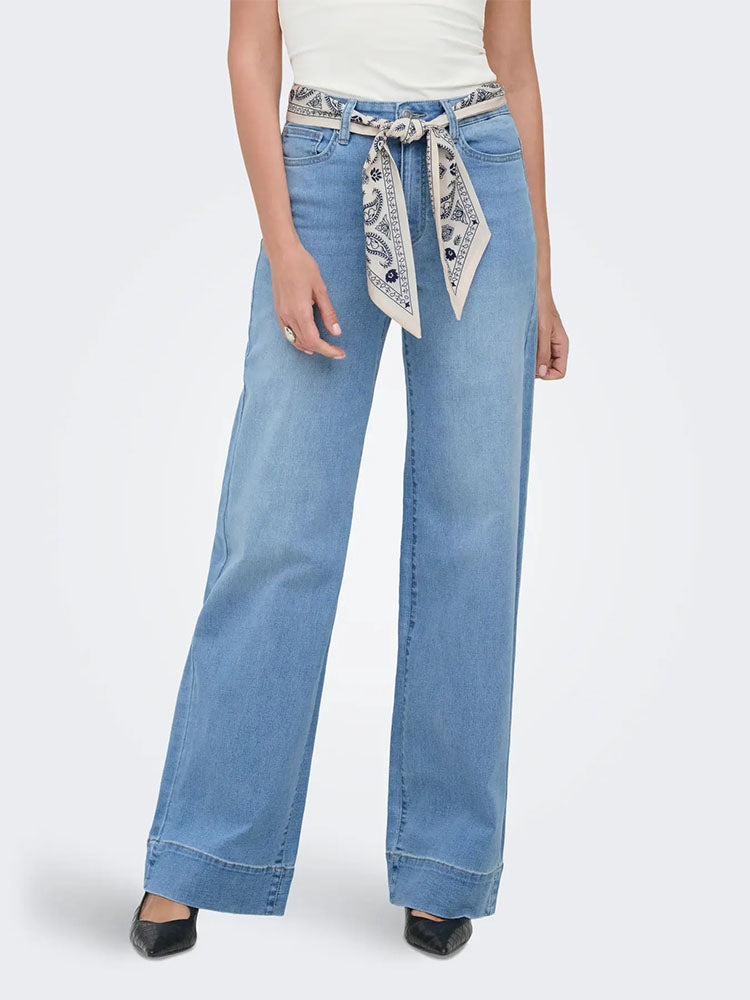 Onlmadison High Waist Wide Leg Jeans with Scarf Belt-Medium Blue Denim