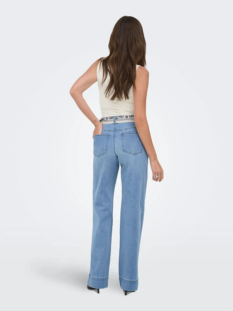 Onlmadison High Waist Wide Leg Jeans with Scarf Belt-Medium Blue Denim