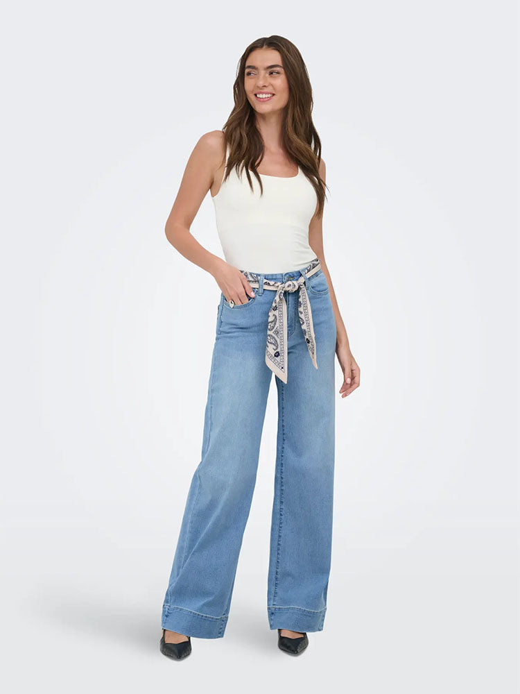 Onlmadison High Waist Wide Leg Jeans with Scarf Belt-Medium Blue Denim