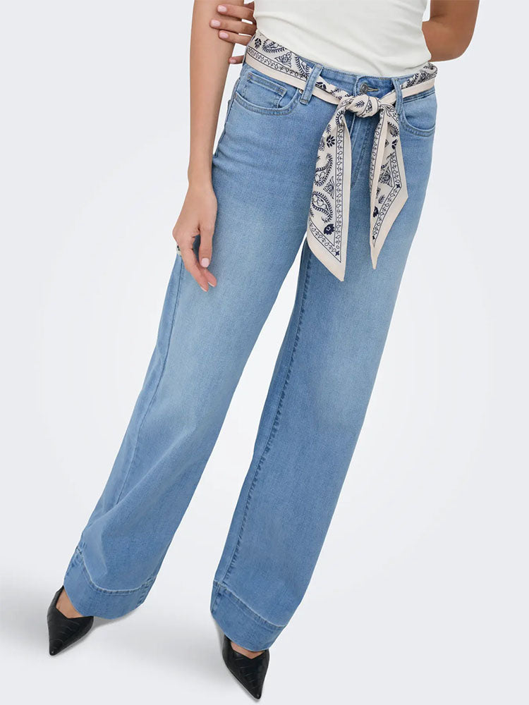 Onlmadison High Waist Wide Leg Jeans with Scarf Belt-Medium Blue Denim