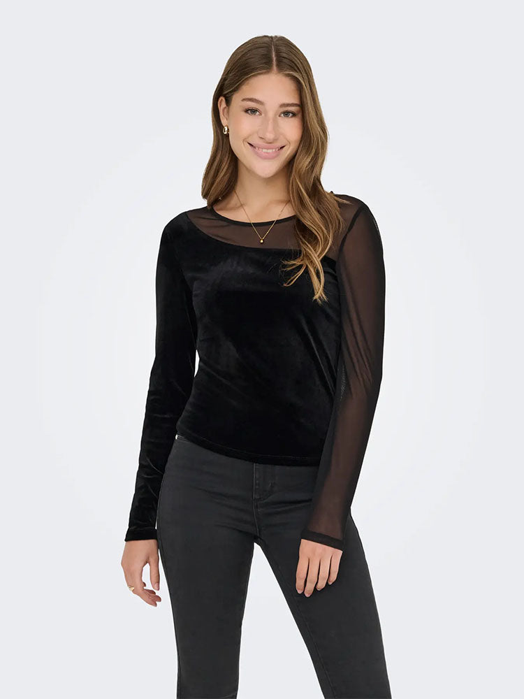 Onlsmooth Black Mesh/Velvet Top
