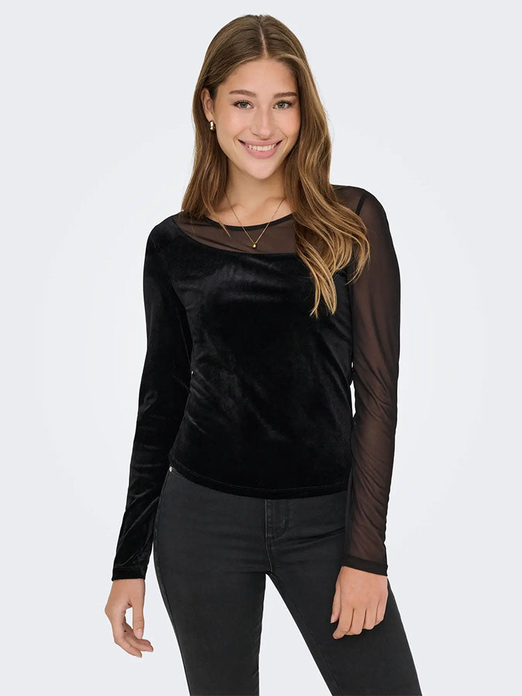 Onlsmooth Black Mesh/Velvet Top
