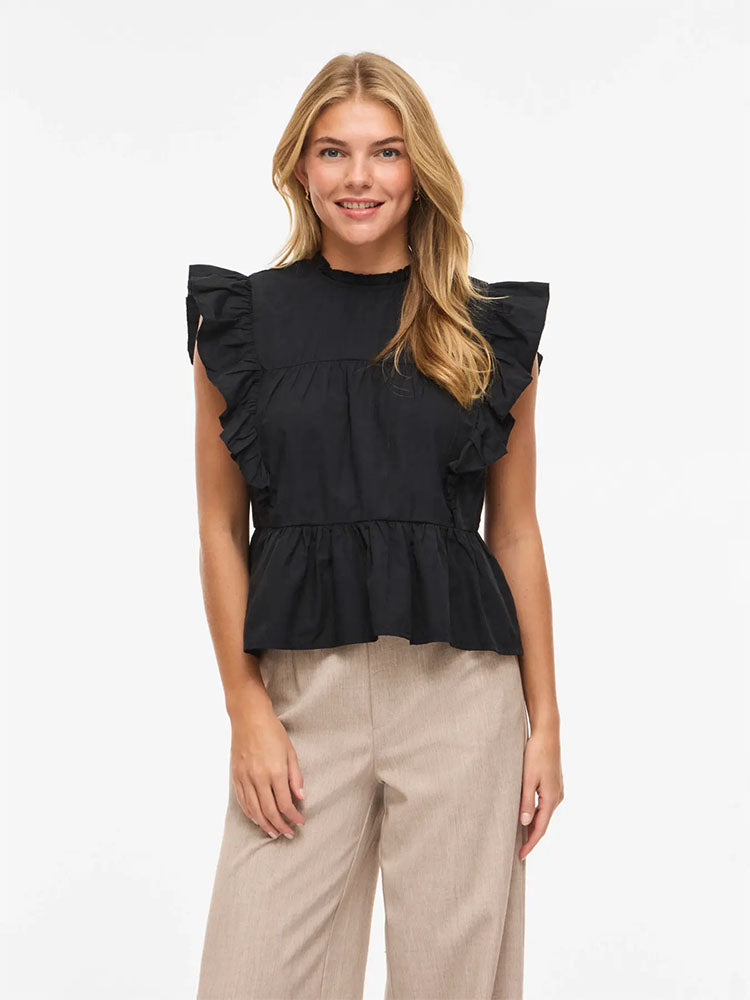 Virufella Sleeveless Frill Top-Black