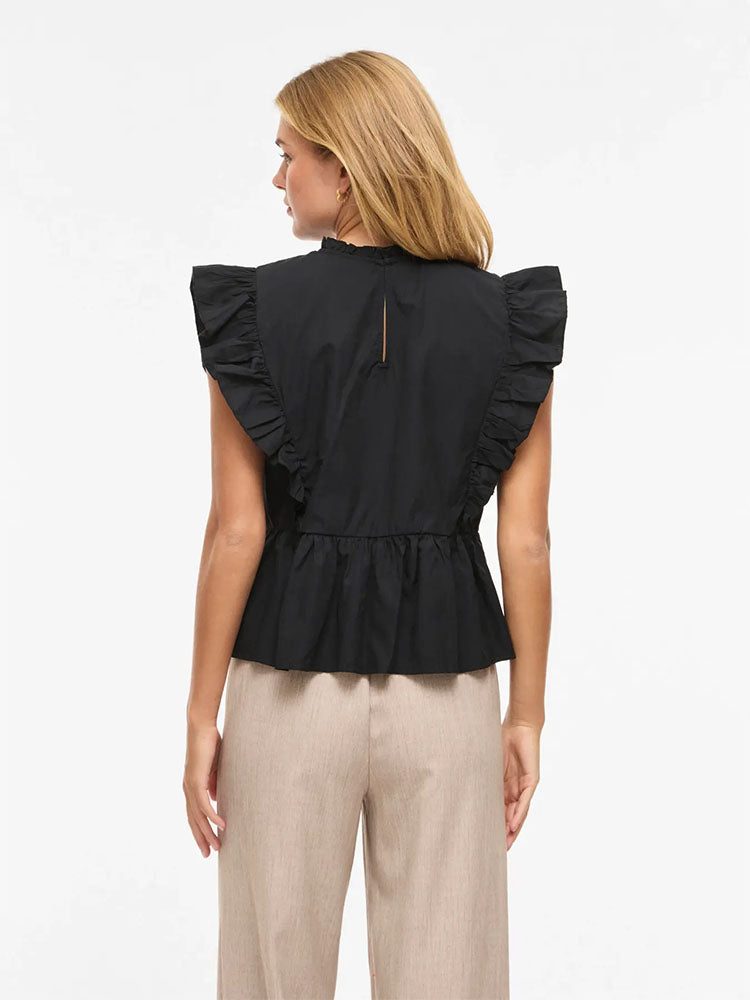 Virufella Sleeveless Frill Top-Black