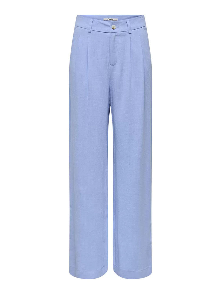 Onlsiesta Mid Waist Linen Pleated Wide Trousers-Blue