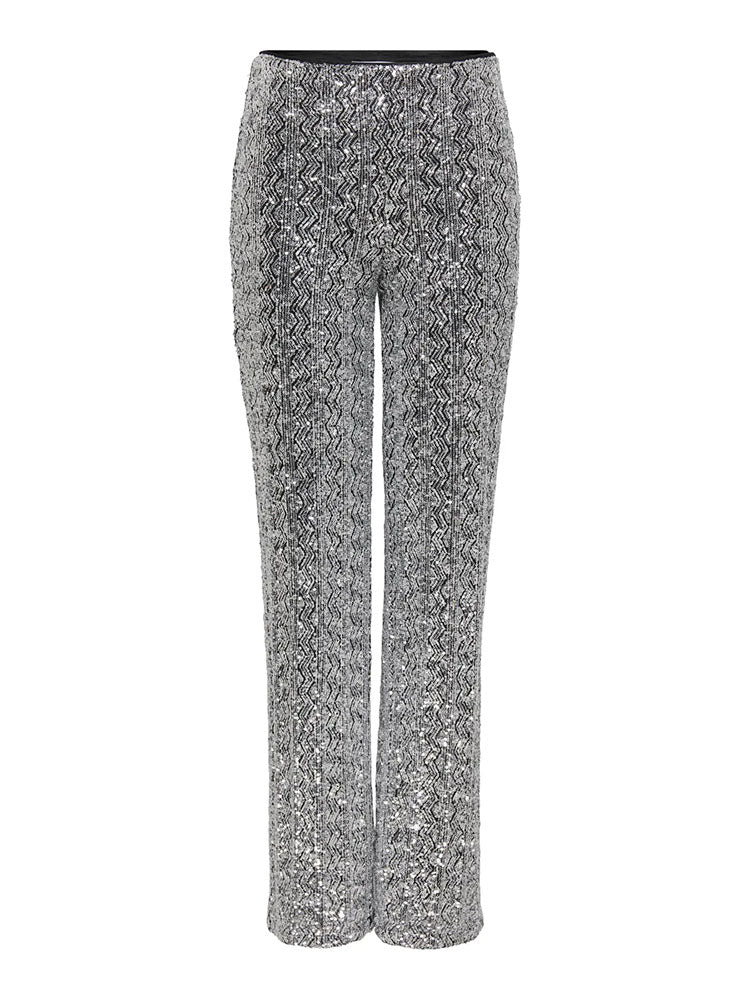Onlfalvy High Waist Sequin Straight Leg Silver Trousers