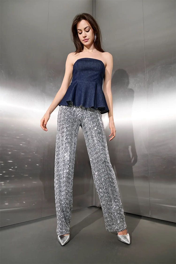 Onlfalvy High Waist Sequin Straight Leg Silver Trousers