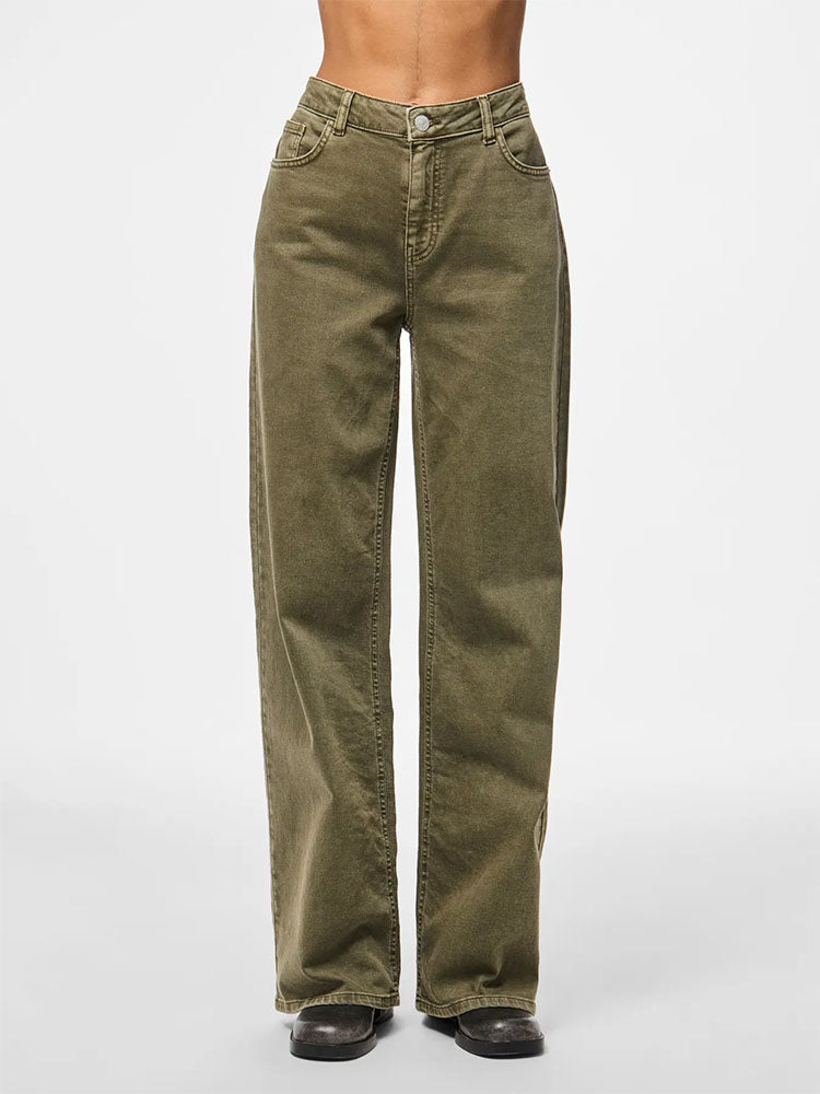 Pcsilke Mid Waist Wide Leg Olive Jeans
