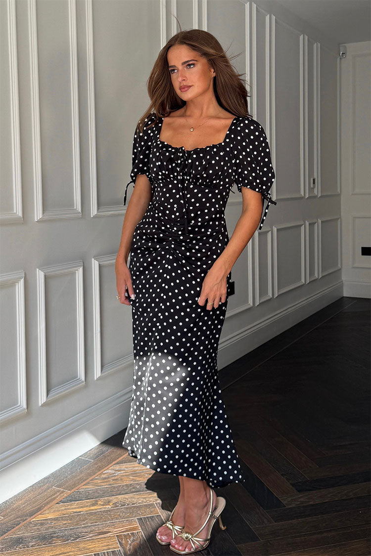 Dove Ruched Detail Midi Dress In Black Spot