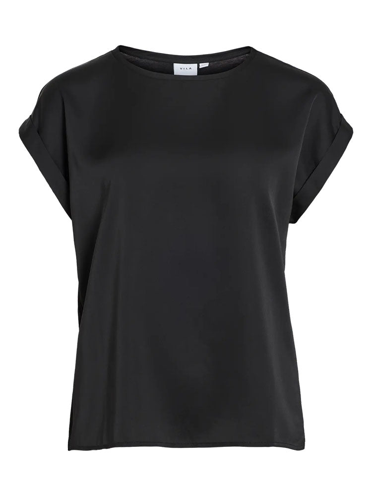 Viellette Short Sleeve Satin Top-Black
