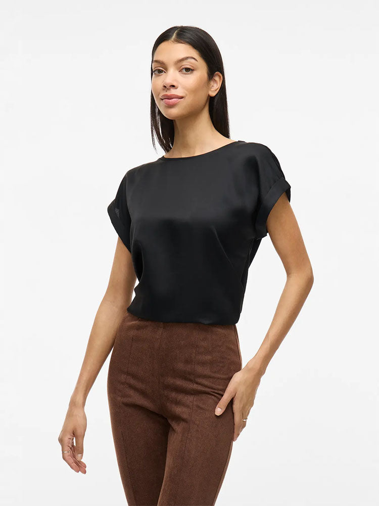 Viellette Short Sleeve Satin Top-Black