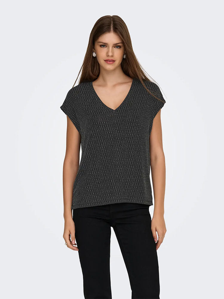 Onlcarol V Neck Glitter Top -Black/Houndstooth Silver