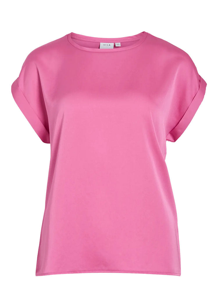 Viellette Short Sleeve Satin Top-Pink