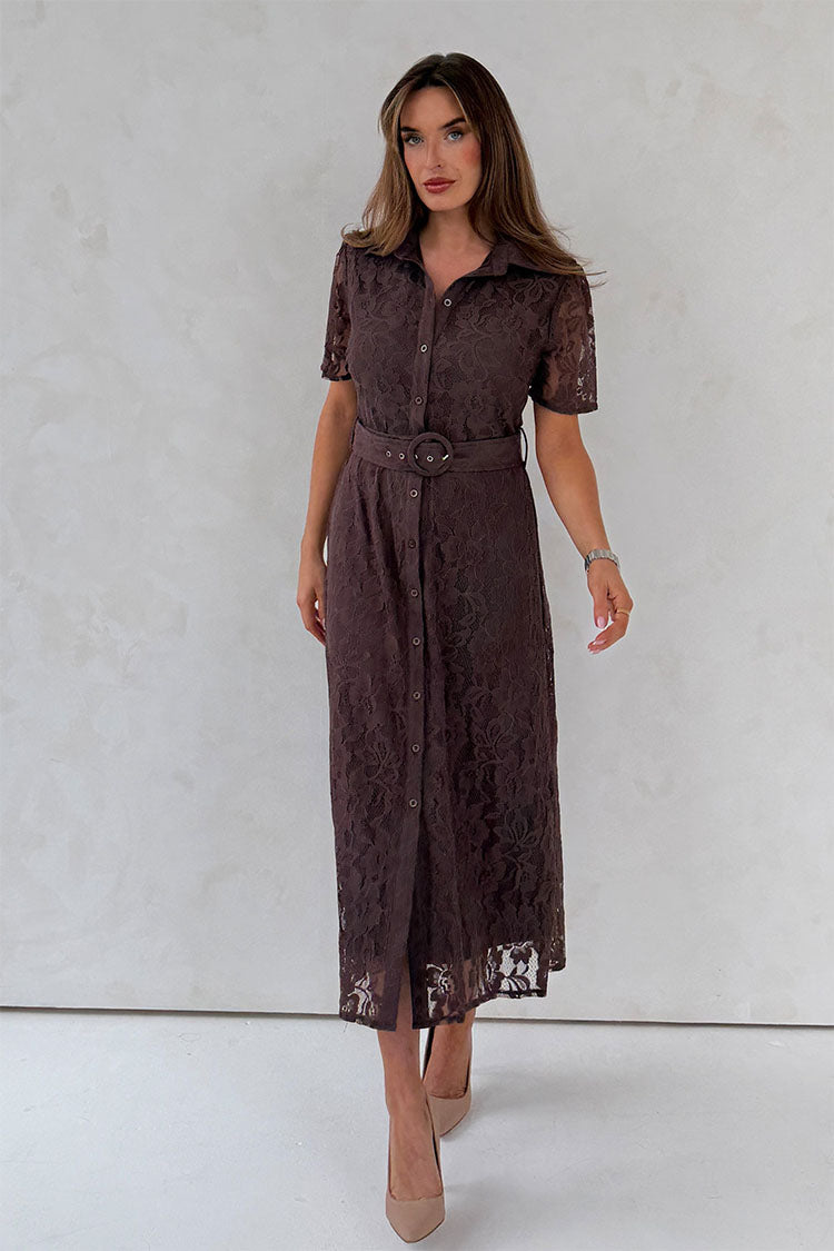 Tansy Short Sleeve Lace Shirt Dress Brown
