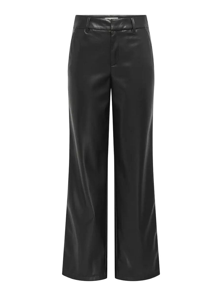 Onlsmooth Mid Waist Wide Leg Faux Leather Trousers- Black