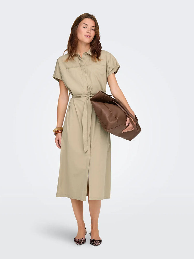 Onltanny Long Belted Shirt Dress-Safari