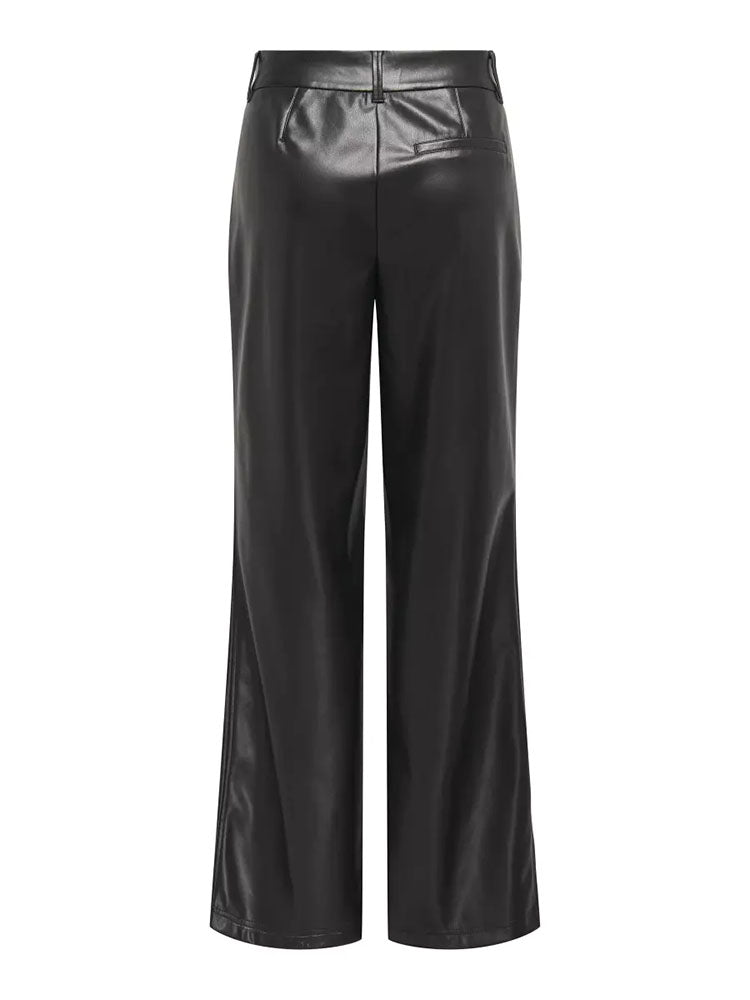 Onlsmooth Mid Waist Wide Leg Faux Leather Trousers- Black