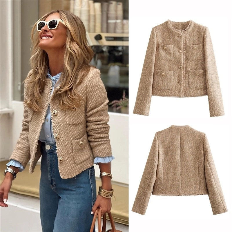 Gold Tweed Short Jacket Single-Breasted