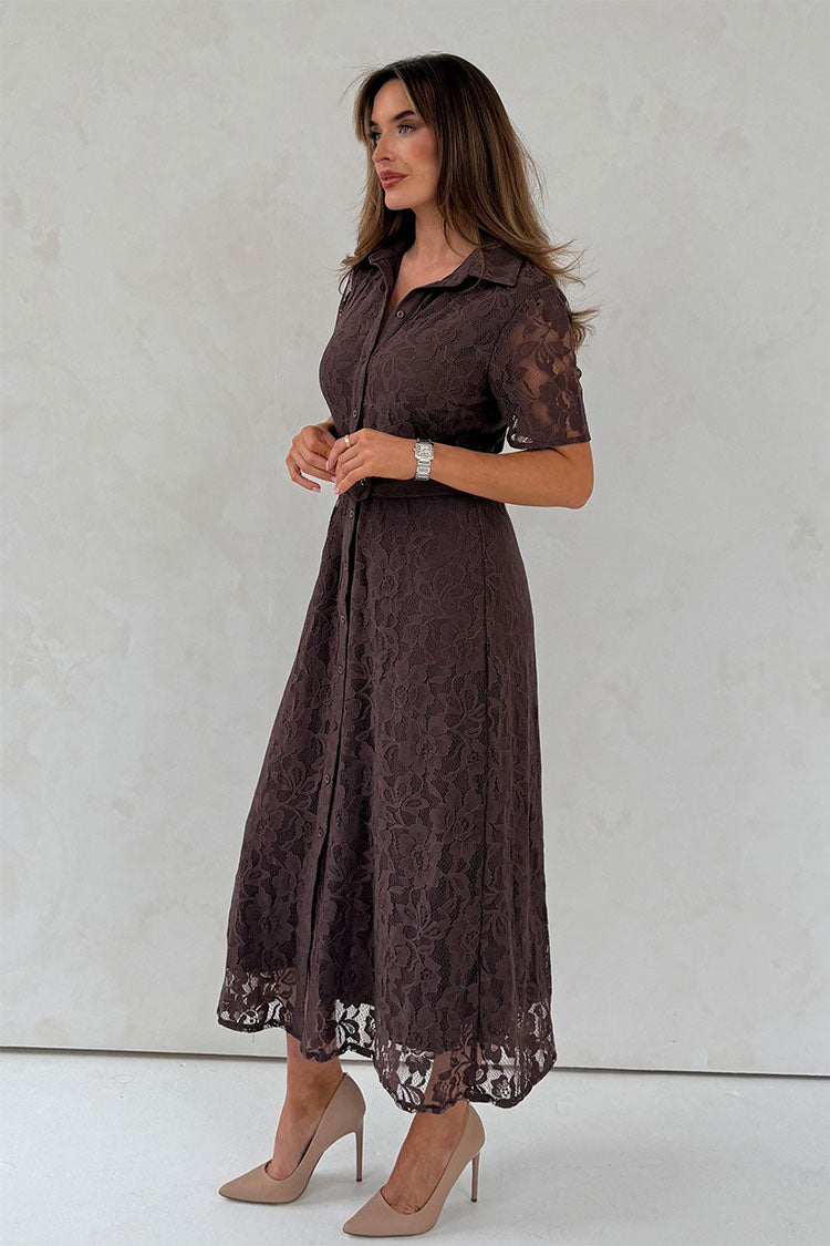 Tansy Short Sleeve Lace Shirt Dress Brown