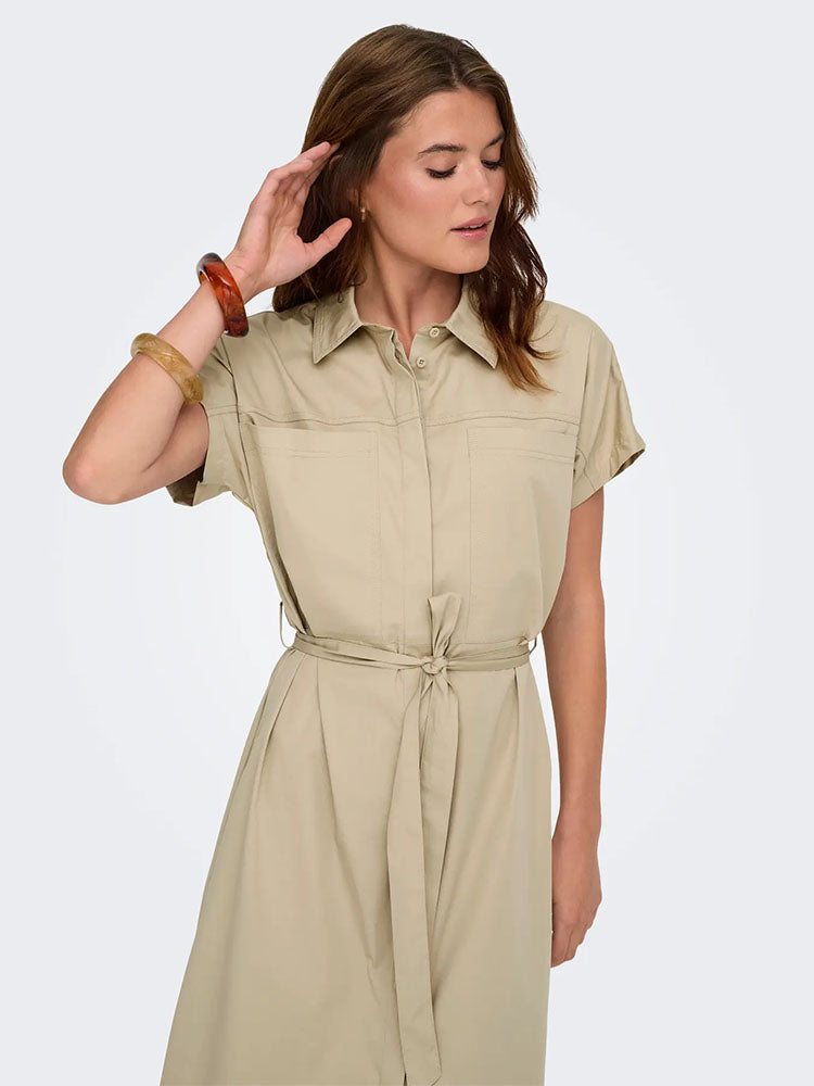 Onltanny Long Belted Shirt Dress-Safari