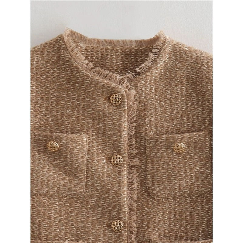 Gold Tweed Short Jacket Single-Breasted