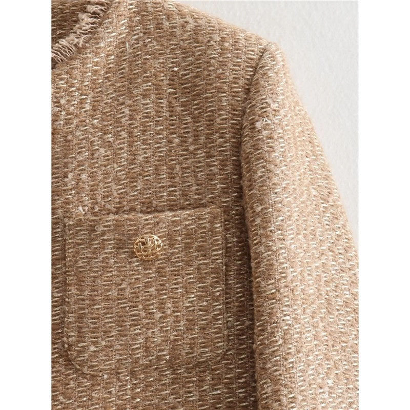 Gold Tweed Short Jacket Single-Breasted