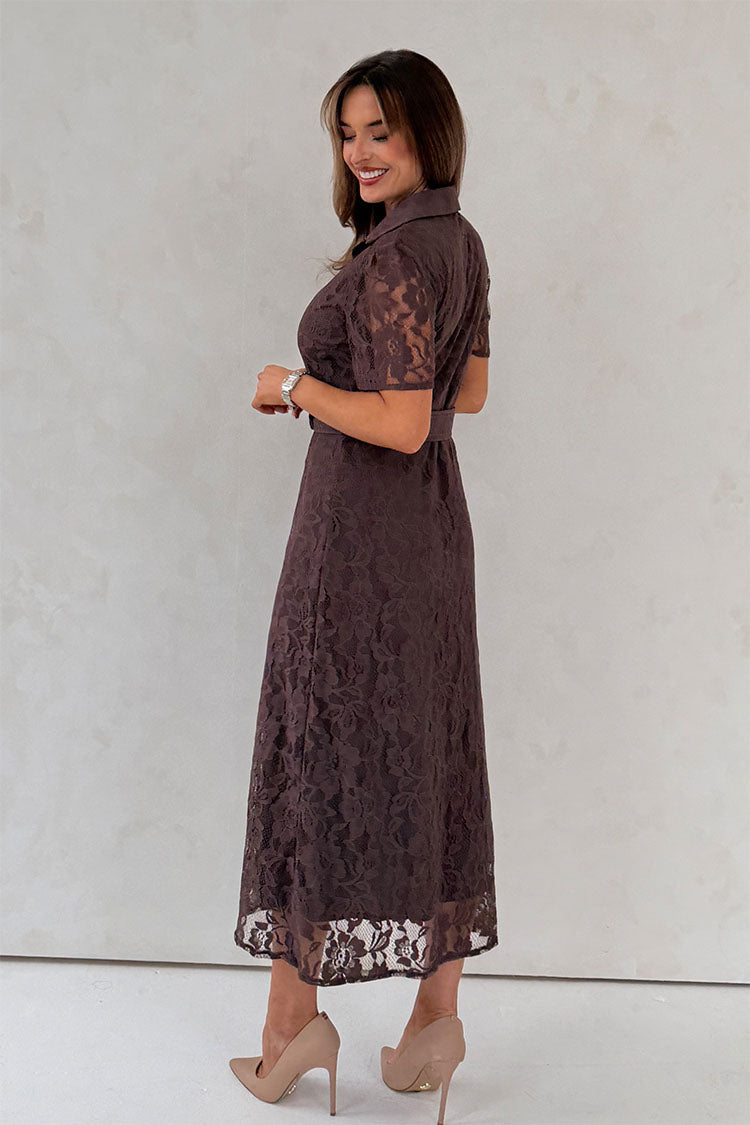 Tansy Short Sleeve Lace Shirt Dress Brown