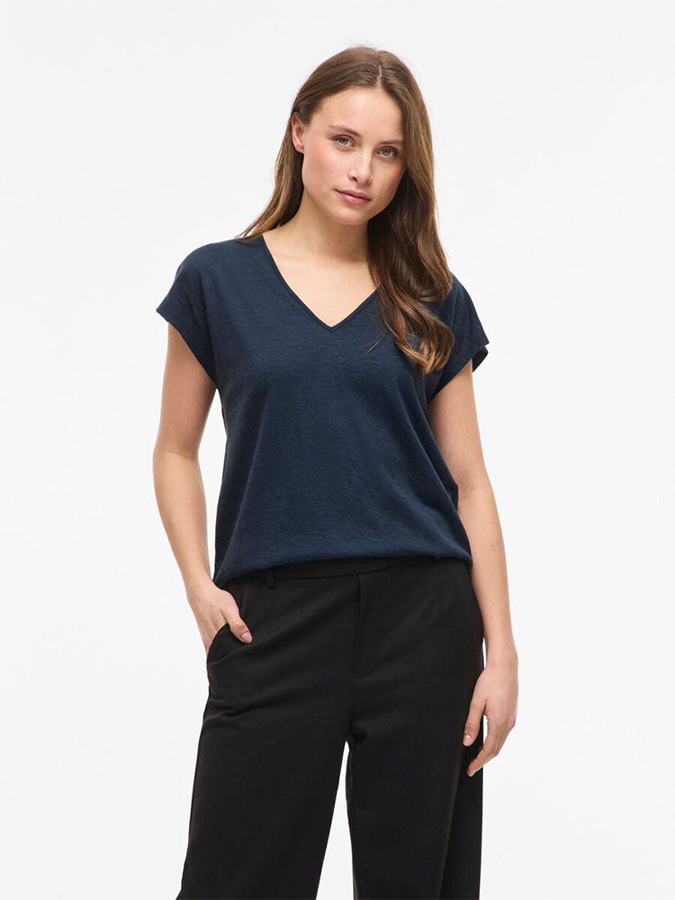Visyma Cap Sleeve V-Neck Top-Navy