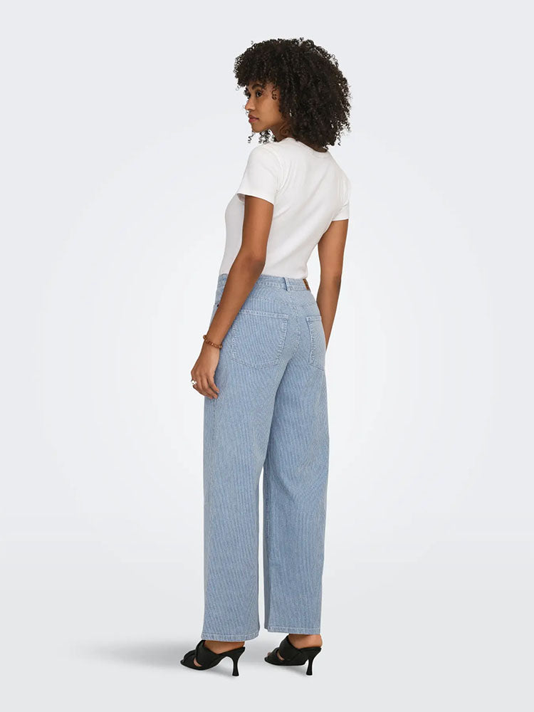 Onlrine Mid Waist Wide Leg Jeans-Light Blue Denim/White Stripe