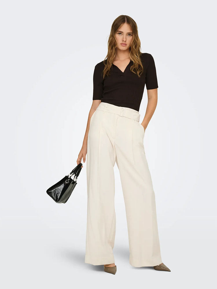 Onltila Life High Waist Belted Wide Trousers-Off White