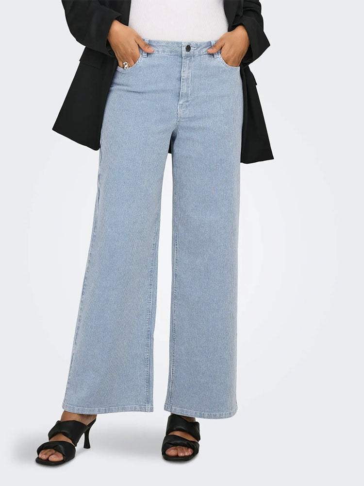 Onlrine Mid Waist Wide Leg Jeans-Light Blue Denim/White Stripe