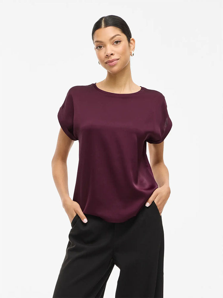Viellette Short Sleeve Satin Top-Burgundy