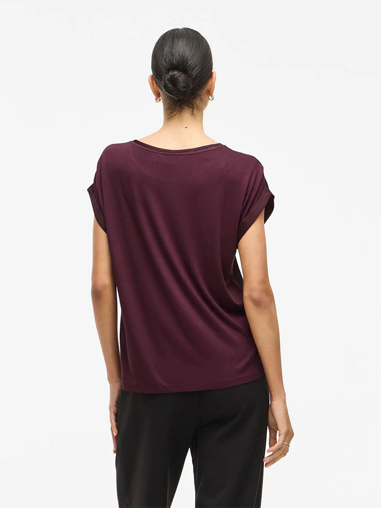 Viellette Short Sleeve Satin Top-Burgundy