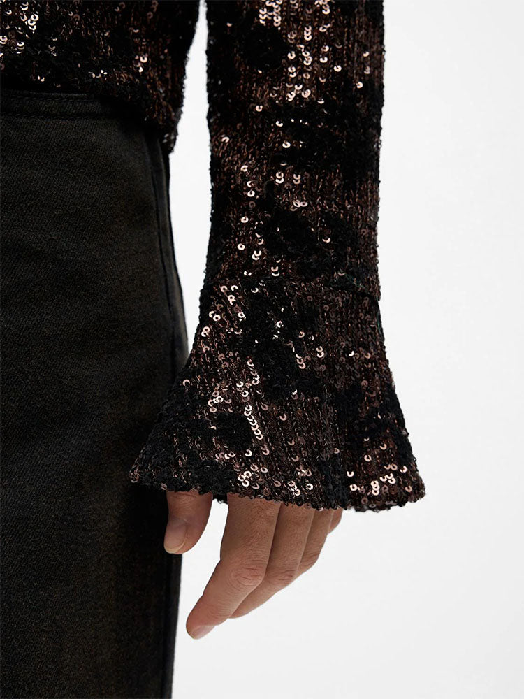 Objeden Long Sleeve Sequin Top-Seal Brown