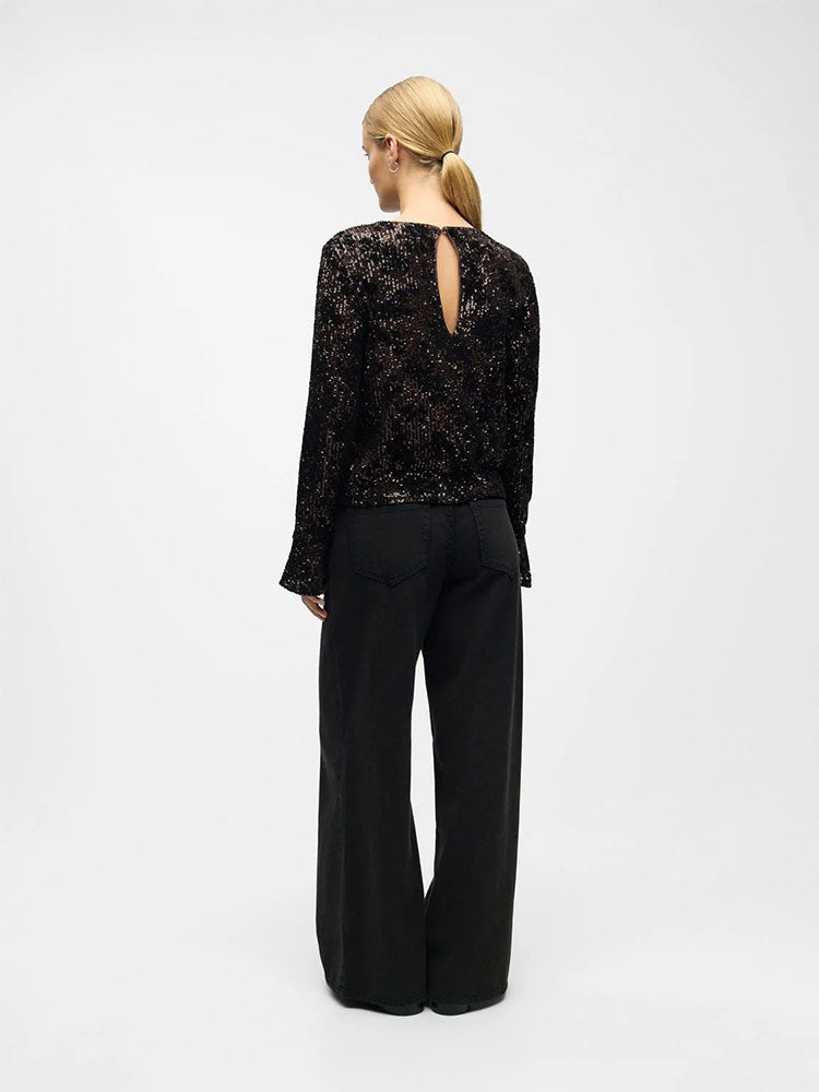 Objeden Long Sleeve Sequin Top-Seal Brown