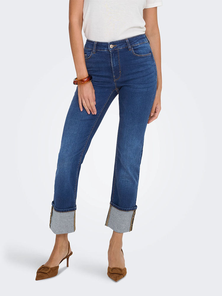 Jdyfina Mid Waist Straight Fit Turn Up Jeans-Medium Blue Denim
