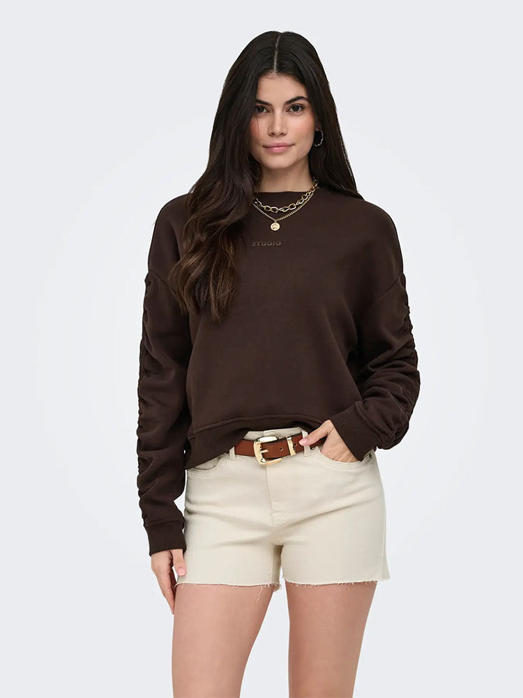 Onlsweater Ruched Sleeve Crew Sweater-Coffee Bean