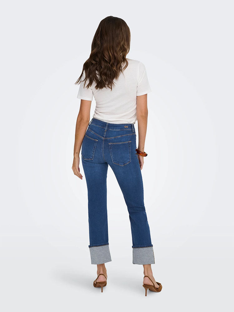 Jdyfina Mid Waist Straight Fit Turn Up Jeans-Medium Blue Denim