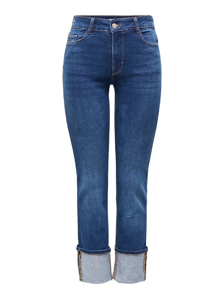 Jdyfina Mid Waist Straight Fit Turn Up Jeans-Medium Blue Denim