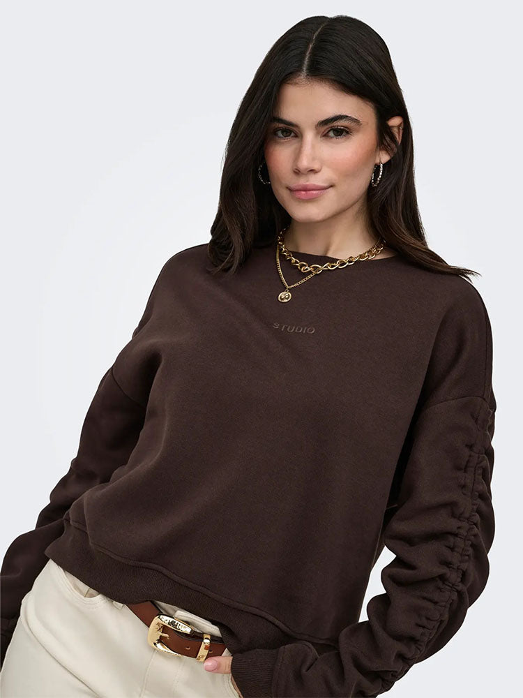 Onlsweater Ruched Sleeve Crew Sweater-Coffee Bean