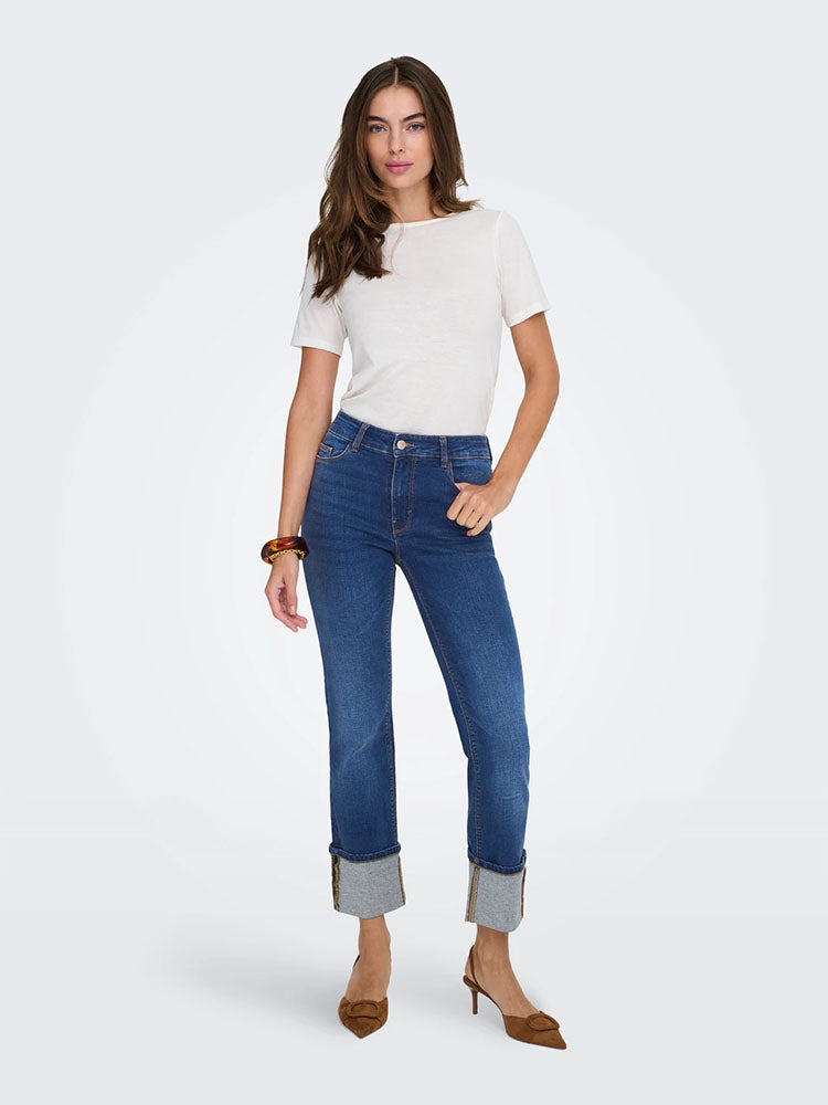 Jdyfina Mid Waist Straight Fit Turn Up Jeans-Medium Blue Denim