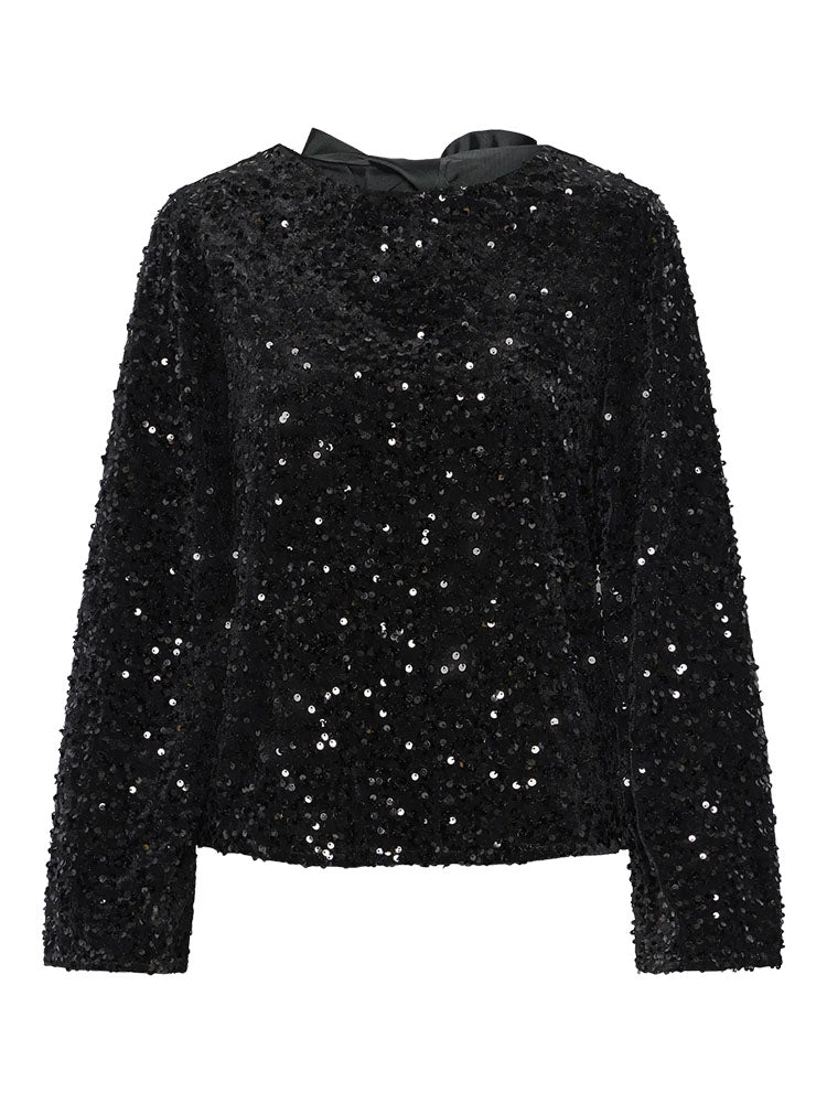 Pckam Deep Back Bow Black Sequins Top